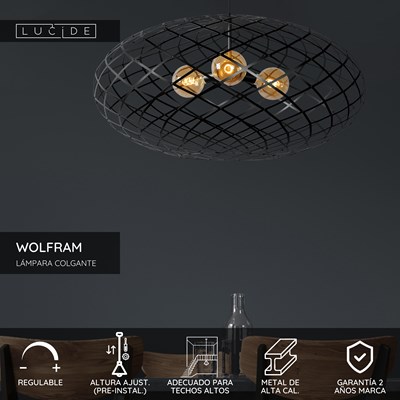 Lucide WOLFRAM - Lámpara colgante - Ø 100 cm - 3xE27 - Adecuado para dobles alturas y techos altos - Negro